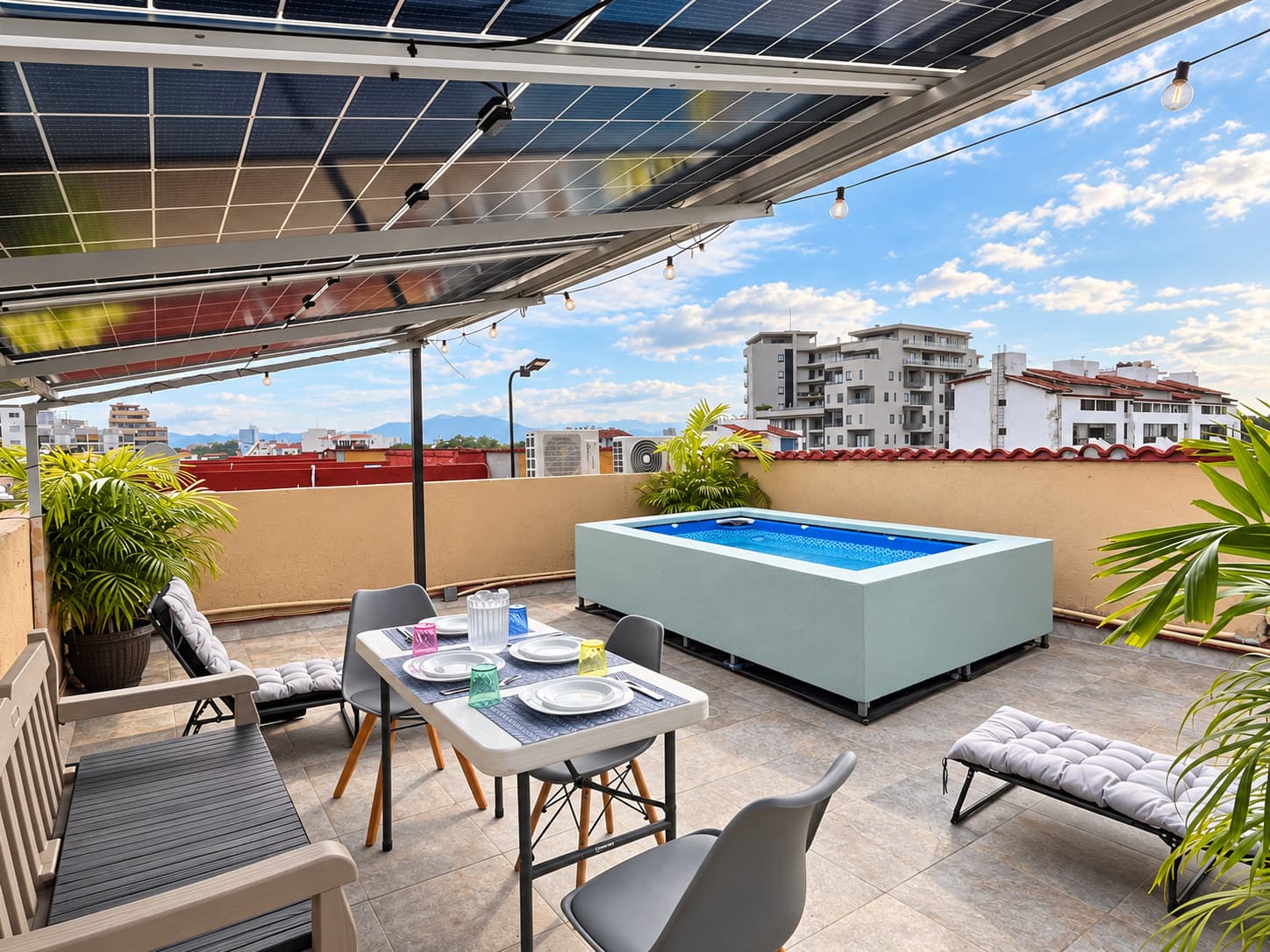 Rooftop dining area with plunge pool and city view at Versalles 837